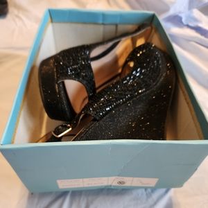 L. Lorraine "Amber" Ankle strap, wedge, peep toe, black glitter/rhinestones. 5"